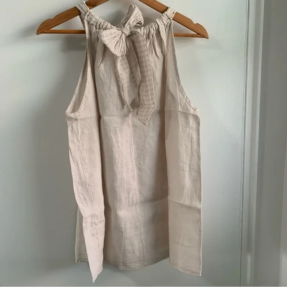 Bellambra-Linen Blouse with Bow tie in back  beige size Large#cotton tank top - Picture 3 of 7
